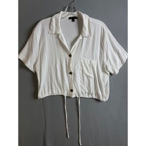 MOA MOA Crop Top Women's Medium White Linen Blend Cropped Shirt Collared Buttons